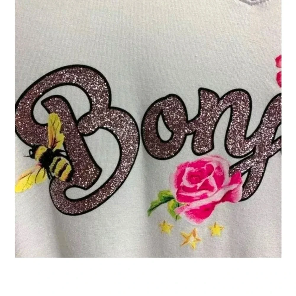 Justice‎ T-Shirt Girls 10 Pink Graphic Bonjour V-Neck Short Sleeve Floral Stripe
